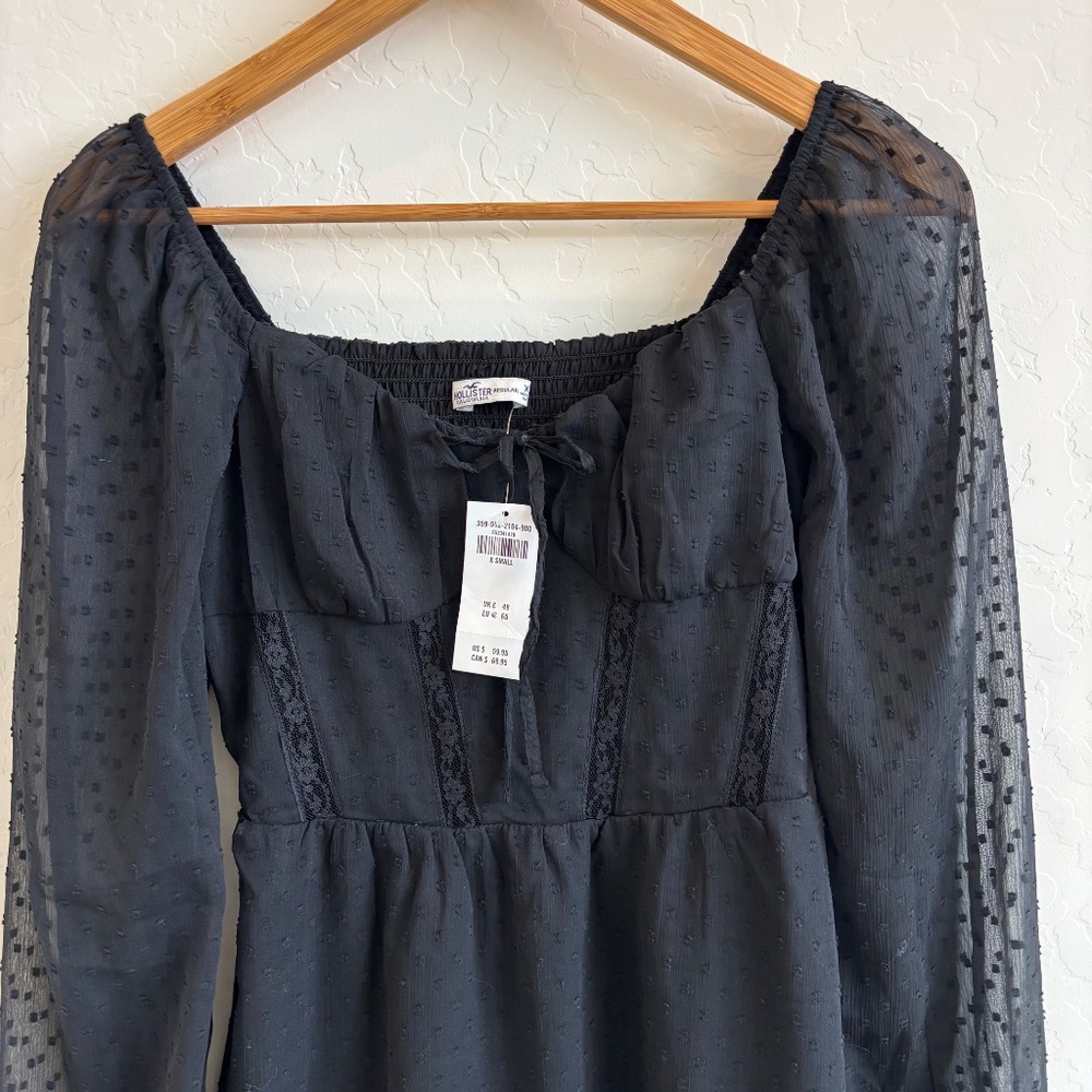 NWT Hollister Black Swiss Dot Corset Mini Dress - Long Sleeve Lace Detail, XS - Picture 6 of 13